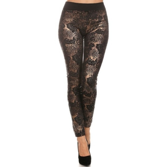 Pants - Women's Metallic Floral Accent Seamless Leggings